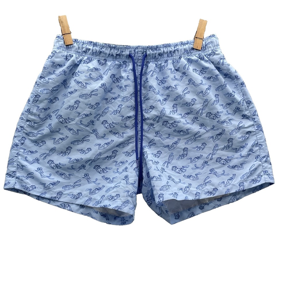 Happy Hour Swim Shorts Men Large Blue Scuba Diver Board Trunks Beach Preppy Surf